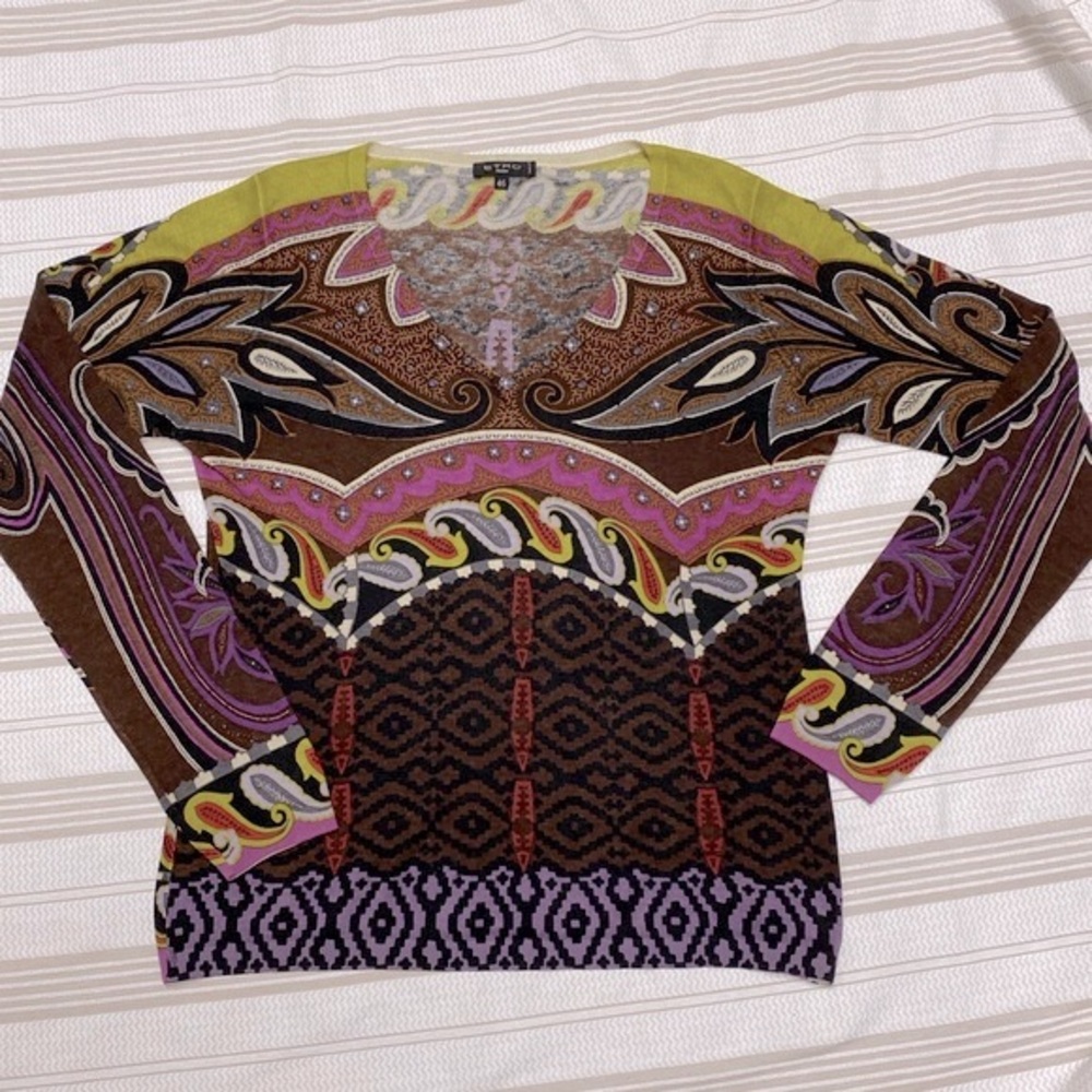 ETRO Women’s Mixed Print Silk Cashmere Knit V-Neck Lightweight Sweater Italy 46